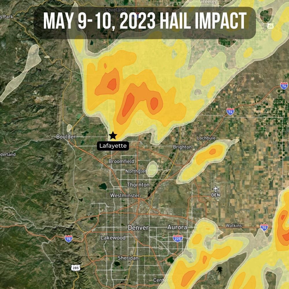 Lafayette, CO Residential Hail Damage Impact Map May 9-10, 2023