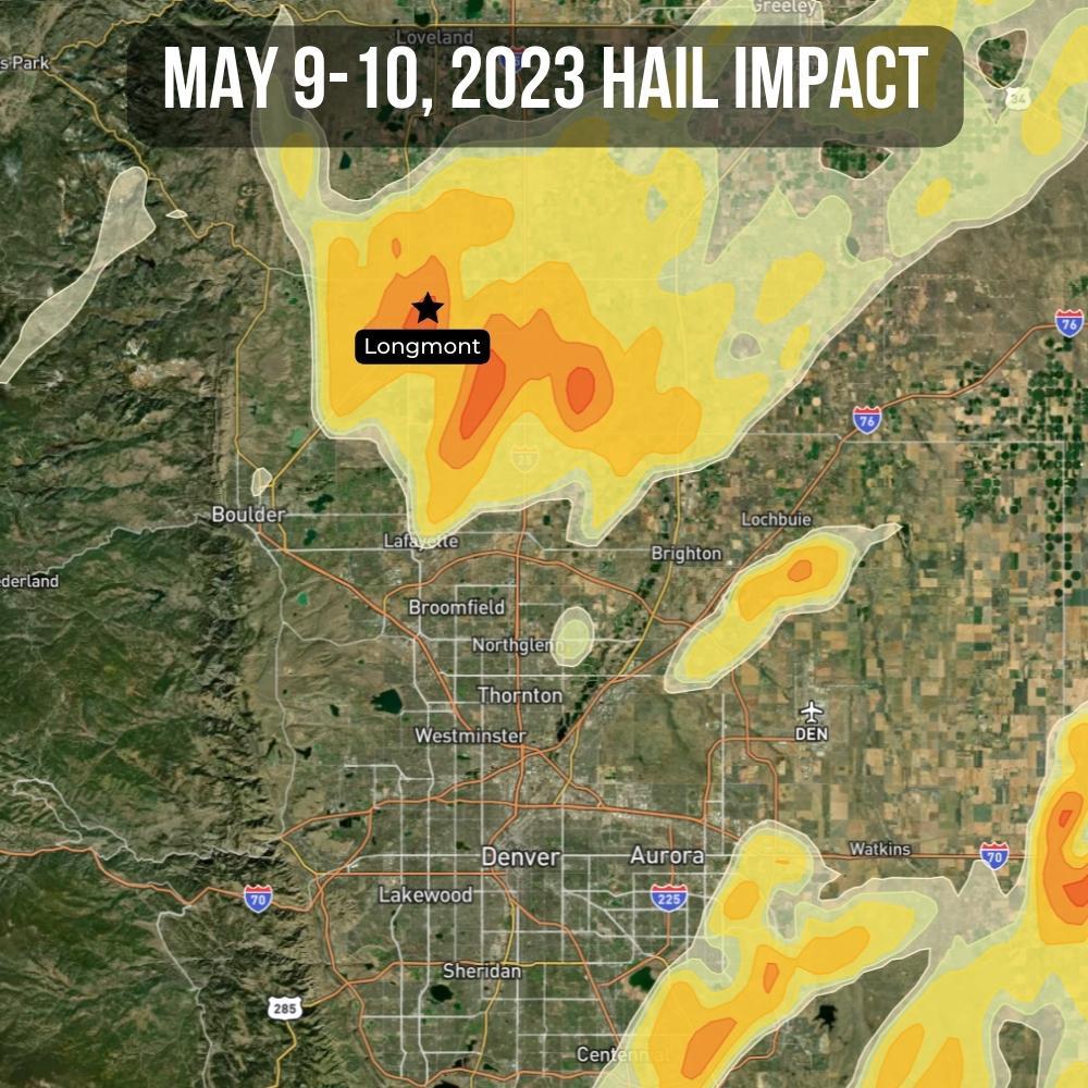 Longmont Hail Damage Map, Colorado Storms May 9-10, 2023